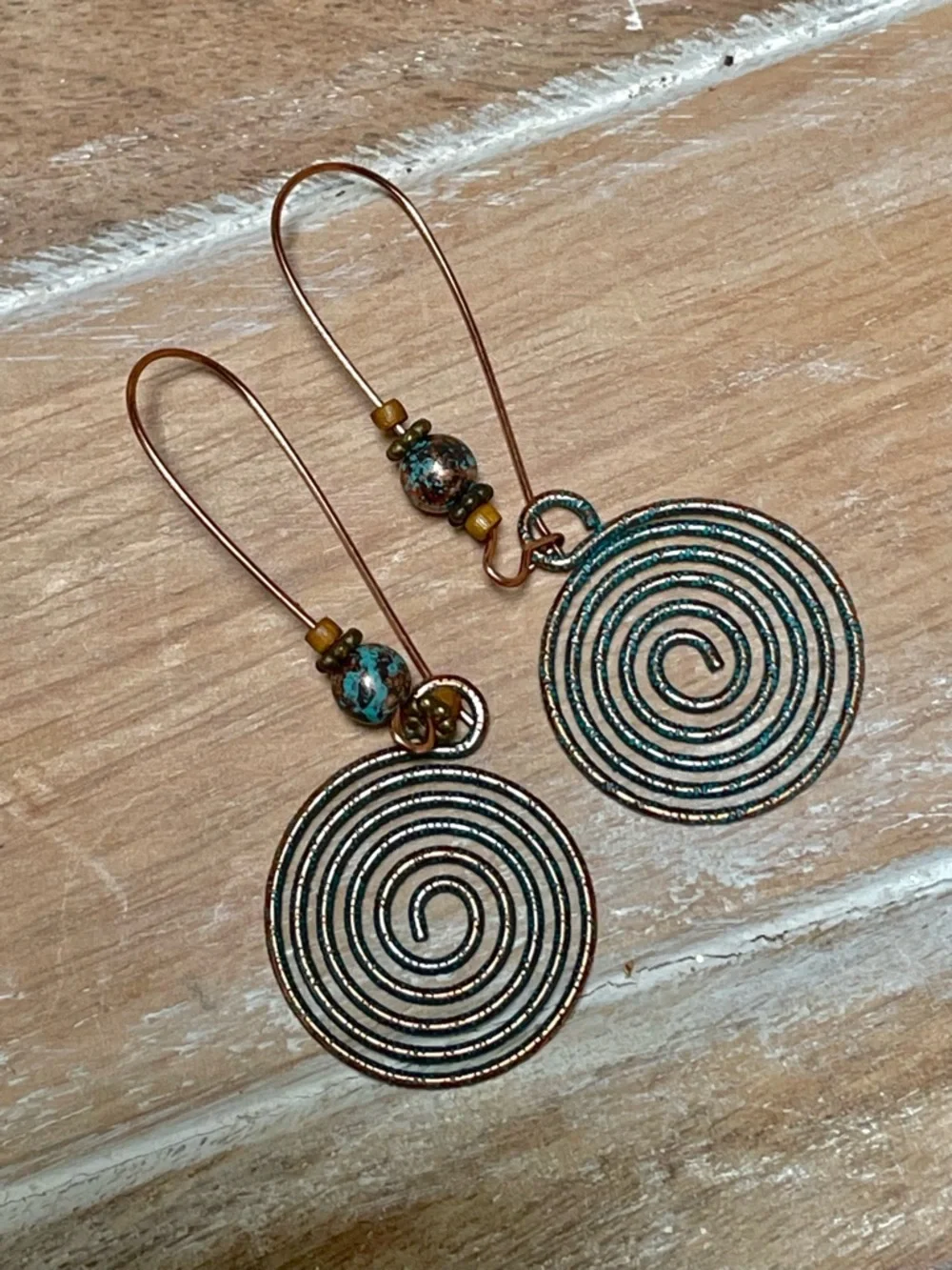 Handmade Copper and Turquoise Patina Spiral Drop Earrings - Women Jewelry